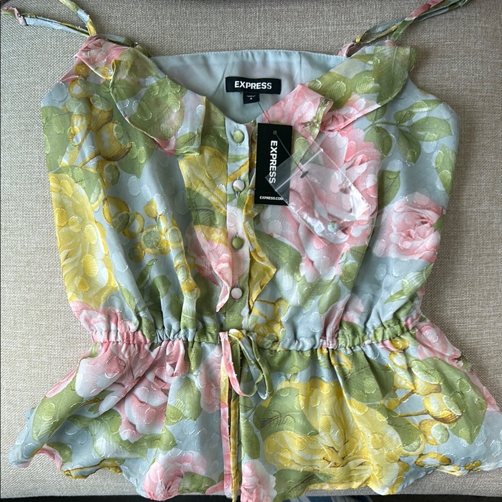 Express Pink and Yellow Peplum Blouse with Peter Pan Collar